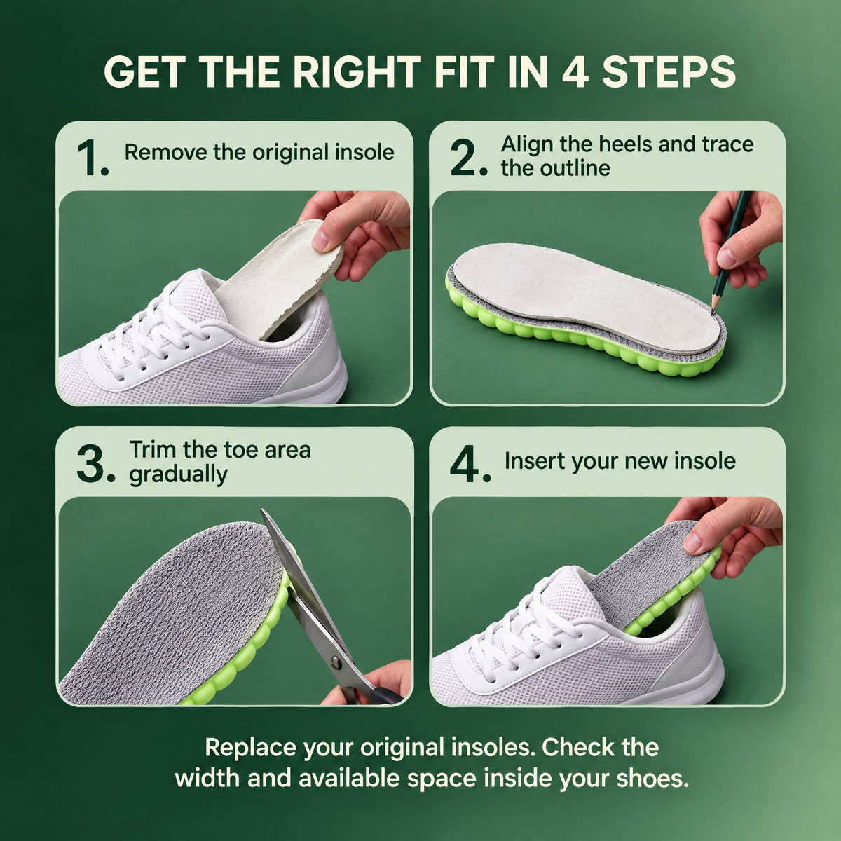 How to fit EMPOFIT insoles in four steps: remove the original insole, align the heels and trace, trim the toe area, then insert