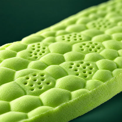 Macro close-up of the EMPOFIT foam: honeycomb cells, ventilation holes and the depth of the cushioning
